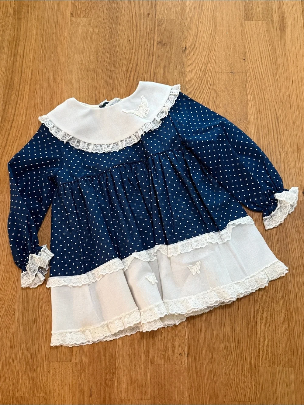 Vintage Bryan 2T Navy Blue Polka Dot Lace Trim Long Sleeve Dress